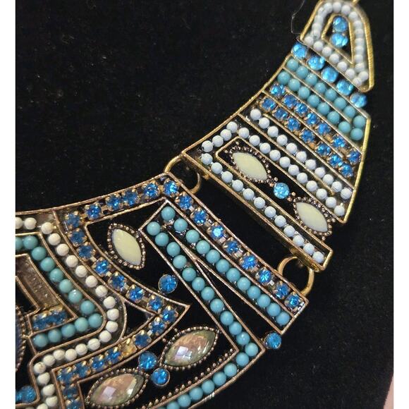 Egyptian Pharoah Bib Necklace Blue Stones Beads Gold Tone Rope Chain Statement - Picture 4 of 9